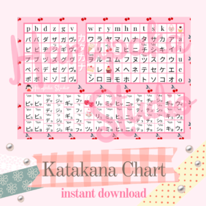Japanese Katakana Learning Chart - Pop and Playful Pink Cherry Design, Print at Home, Beginner Friendly, A4, Instant Download, Nihongo